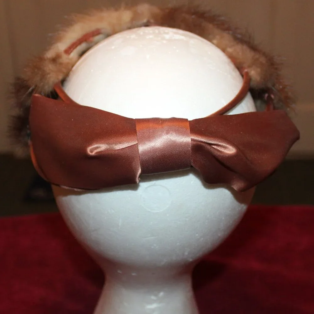 Vintage Champagne Faux Mink Fur Headband with Tan Satin Bow